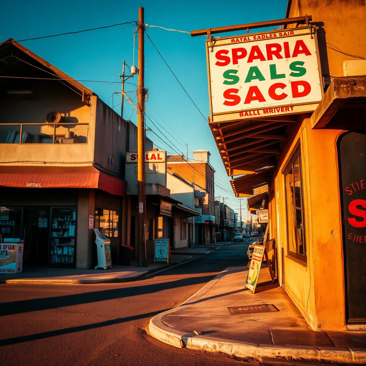 A South African township street corner with local shops in warm afternoon light